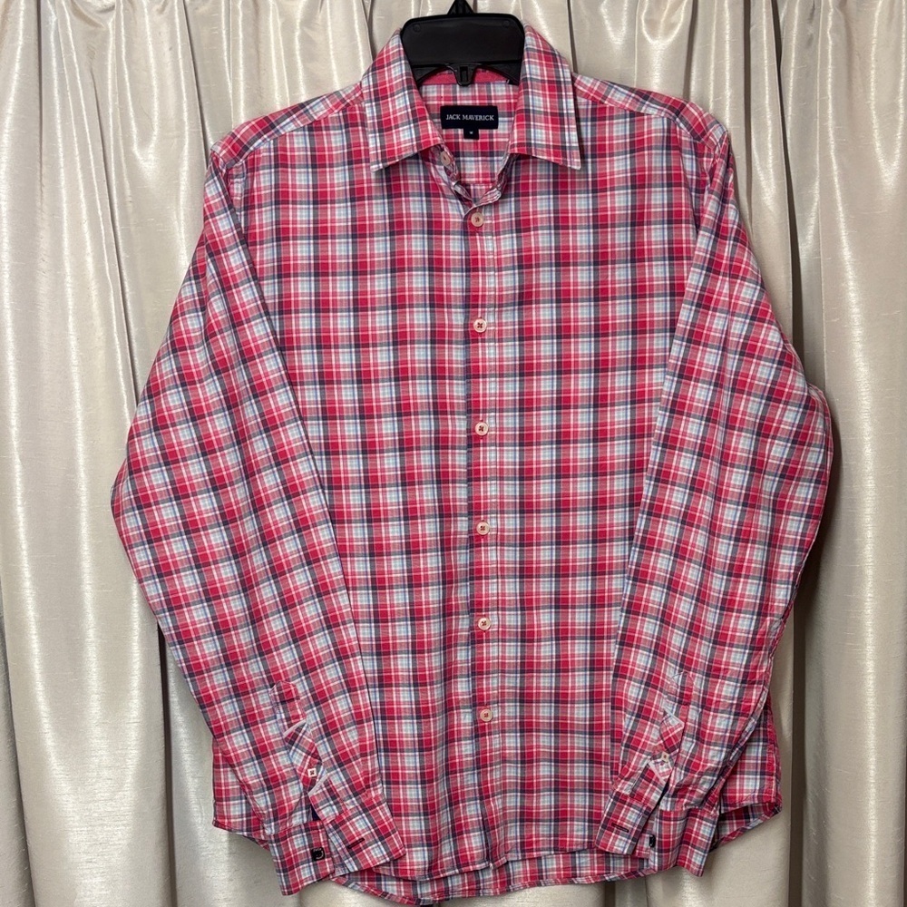 Jack Maverick men’s slim fit button down dress shirt, Red  Plaid, 100% cotton